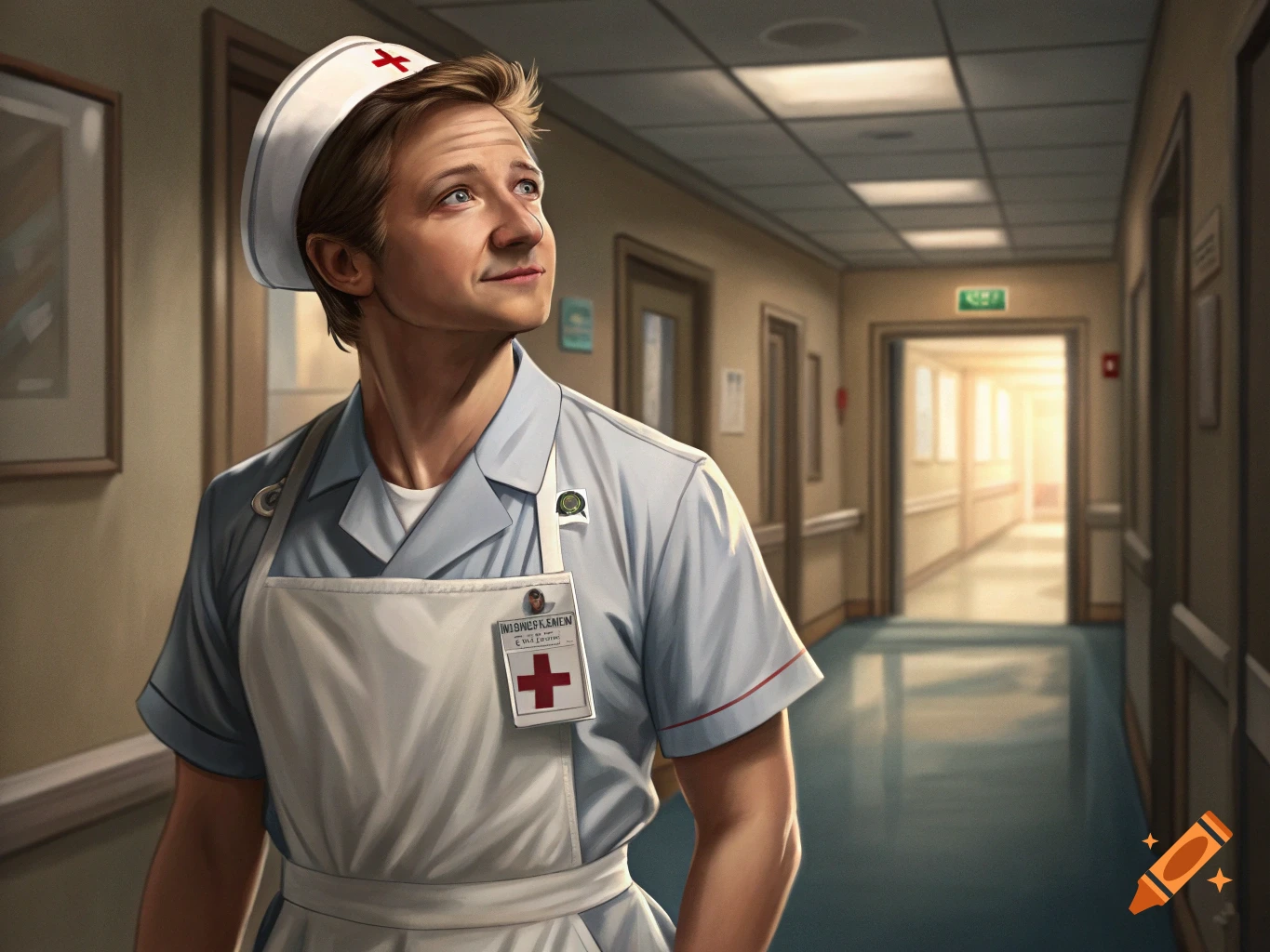 Digital illustration of a male nurse in uniform standing in a hospital hallway.