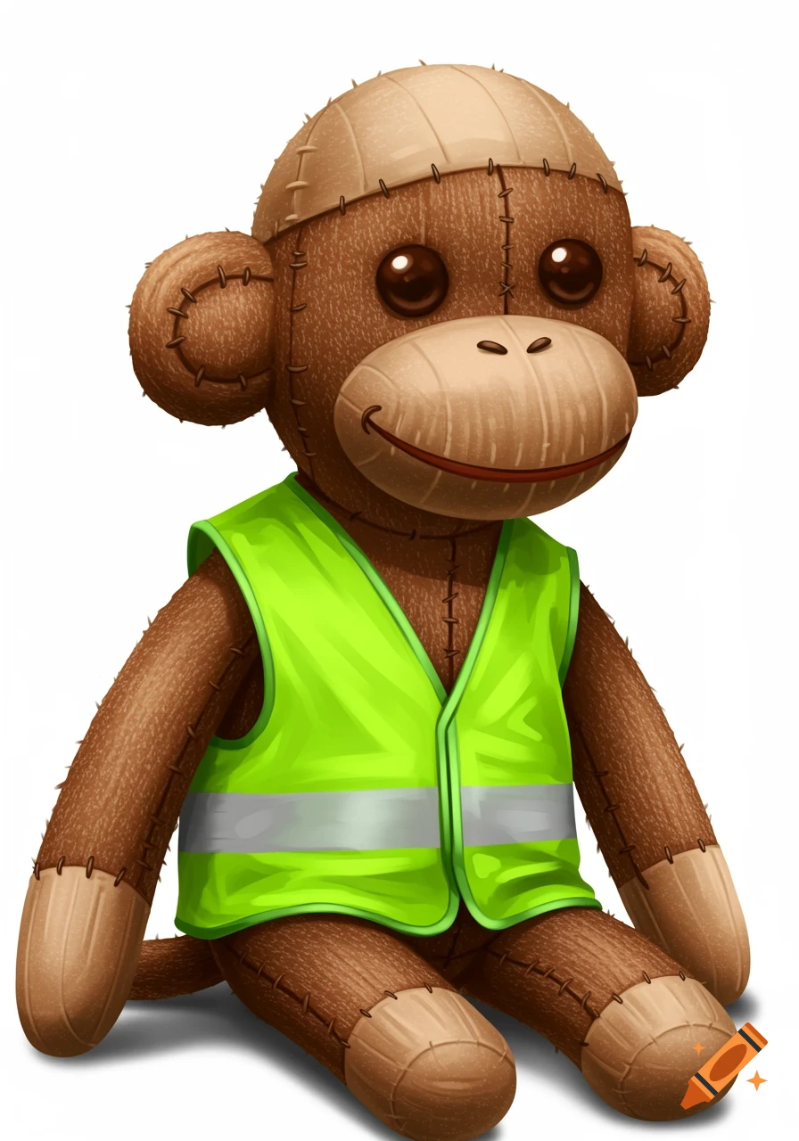 An illustration of a sock monkey wearing a bright green safety vest.