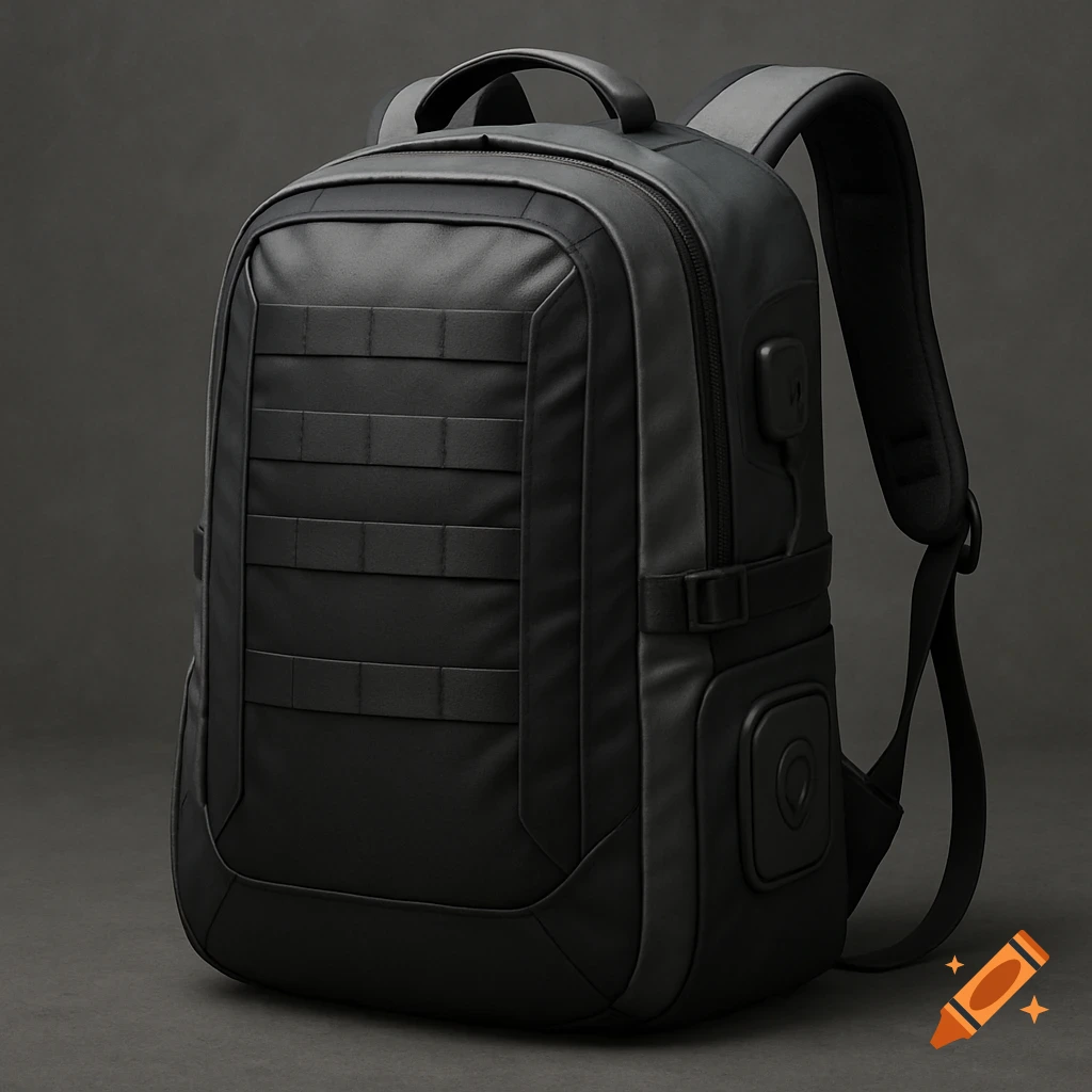 A black and dark grey tactical backpack with modular webbing.
