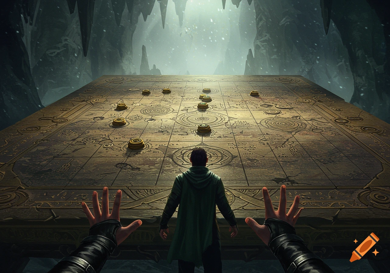 A person stands before a large fantasy game board in a cave.