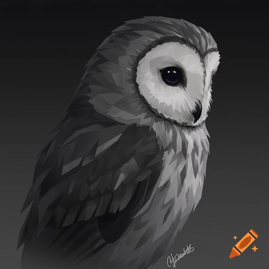 A stylized close-up portrait of an owl rendered in geometric shapes using greys and black.