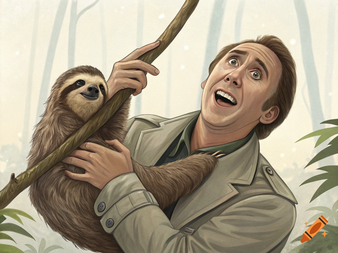 Illustration of Nicolas Cage looking surprised while holding a sloth climbing a branch in a jungle.