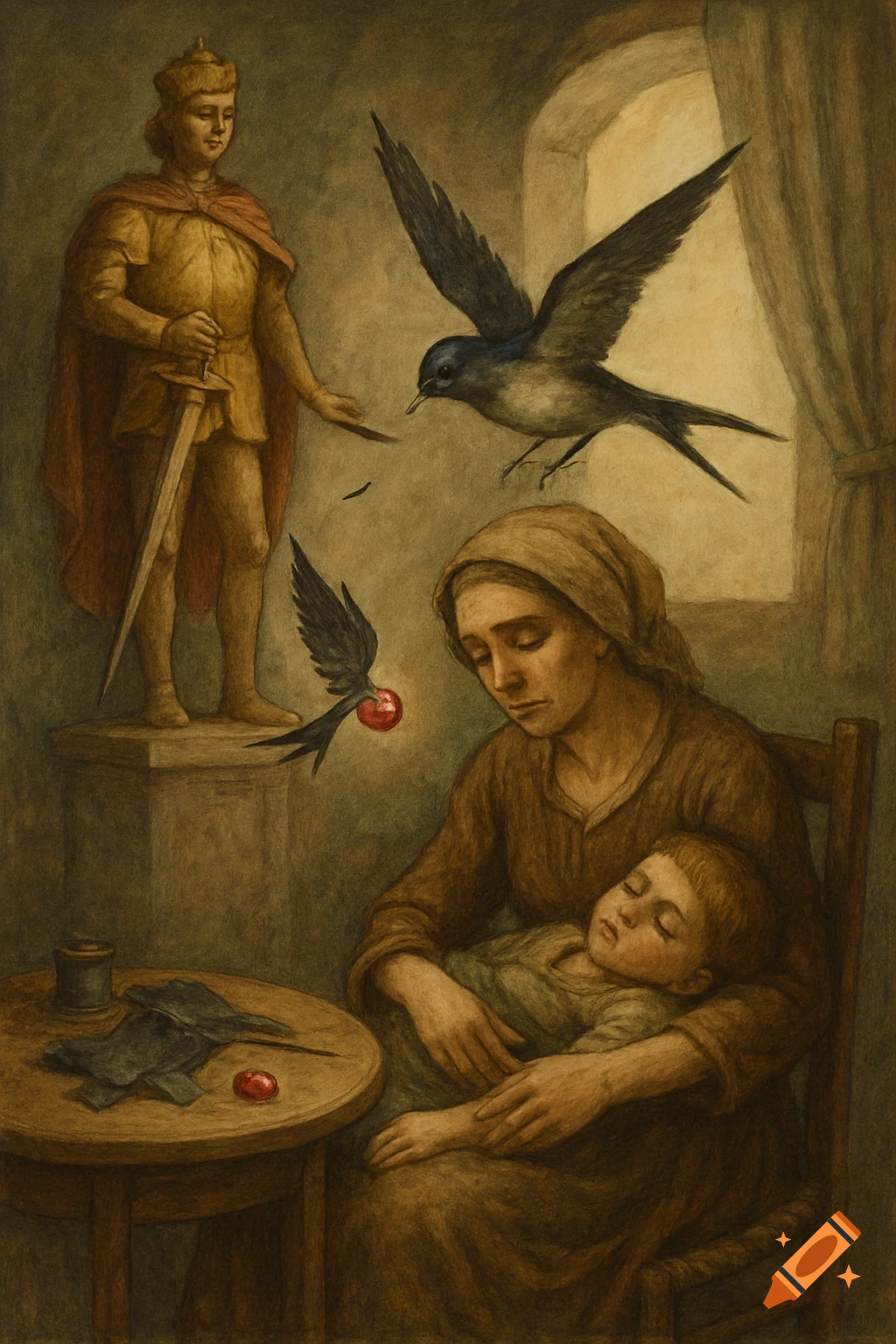 Illustration of a swallow dropping a ruby near a mother holding a child, next to a prince statue.