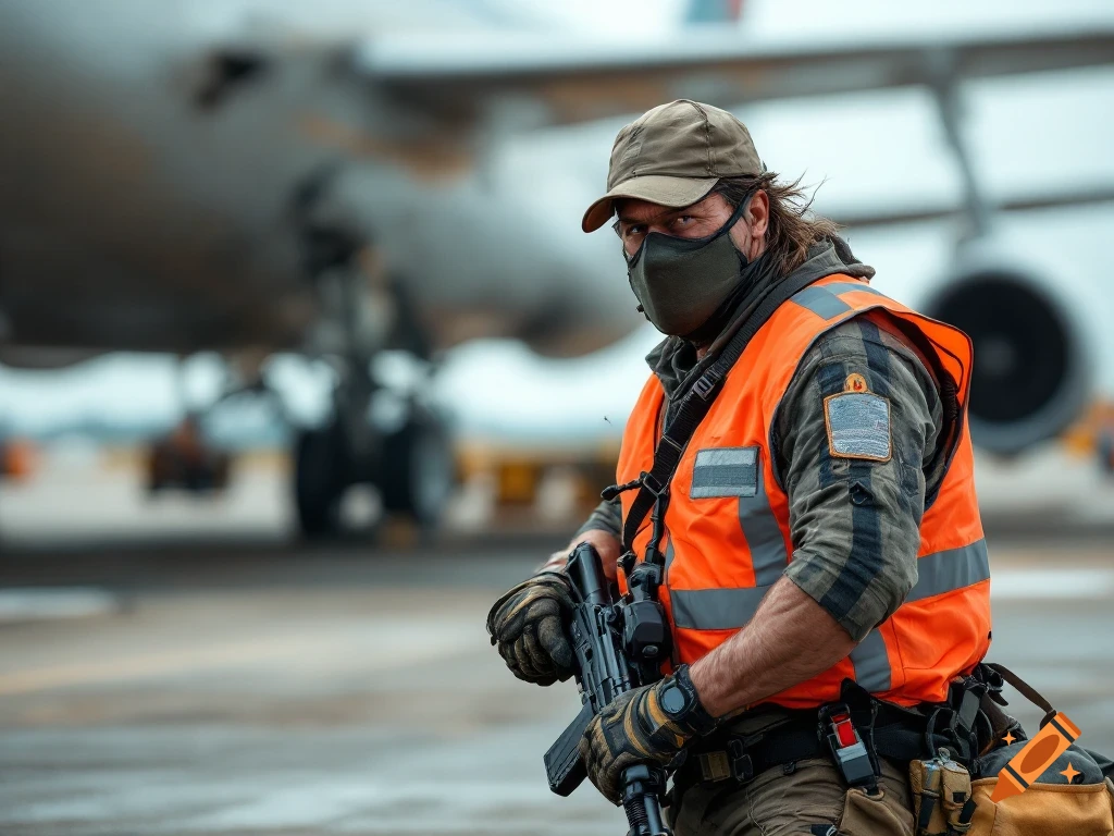 Man in orange vest and mask with rifle on airport tarmac, photorealistic
