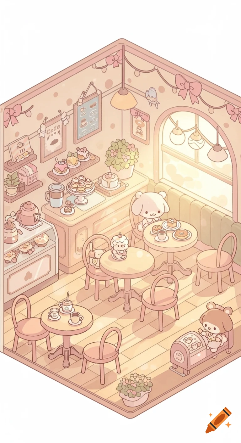 Isometric cartoon illustration of a cute pink cafe with animal characters, tables, pastries, and large windows.