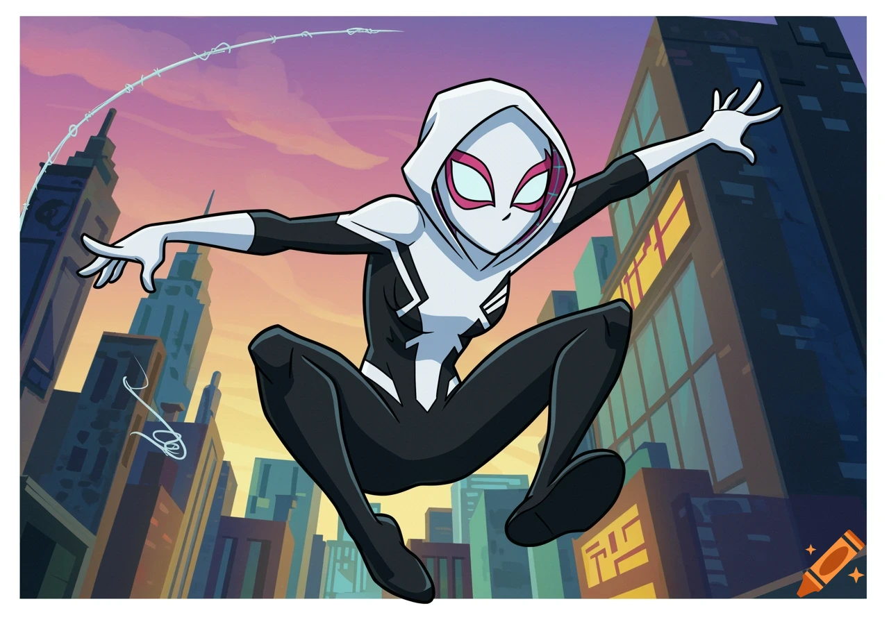 Spider-Gwen swings through a city skyline in a cartoon style.
