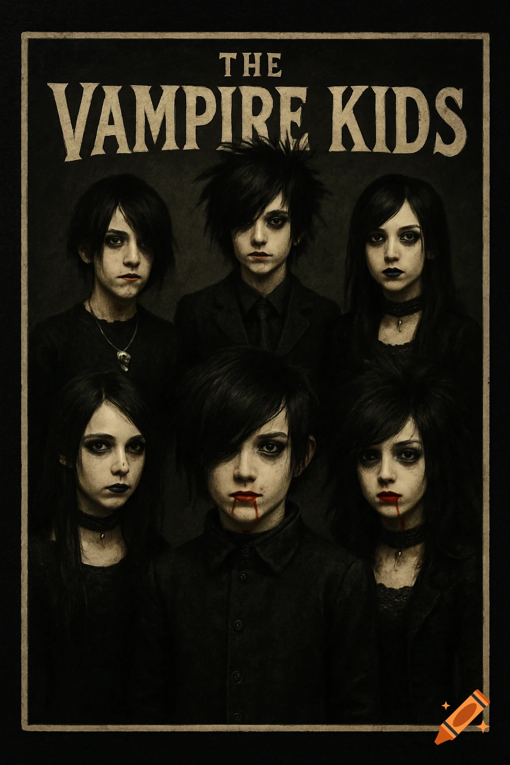 Poster of six gothic/vampire kids with text 'THE VAMPIRE KIDS'