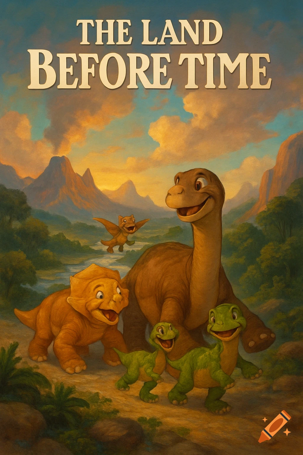 Cartoon dinosaurs in a prehistoric landscape with mountains and text 'The Land Before Time'.
