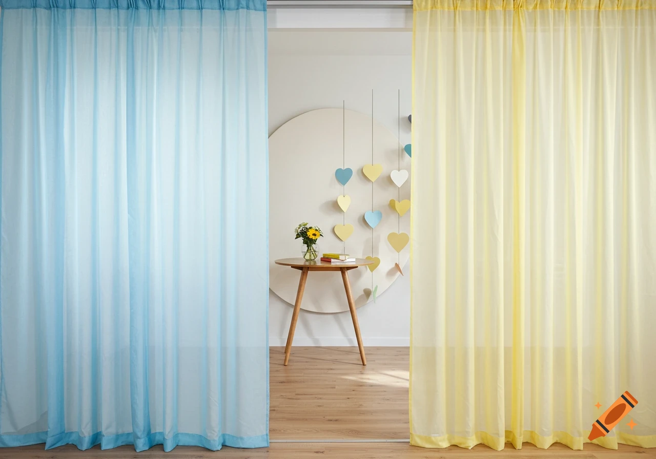 View through sheer blue and yellow curtains of a room with a table, flowers, books, and hanging heart decorations.