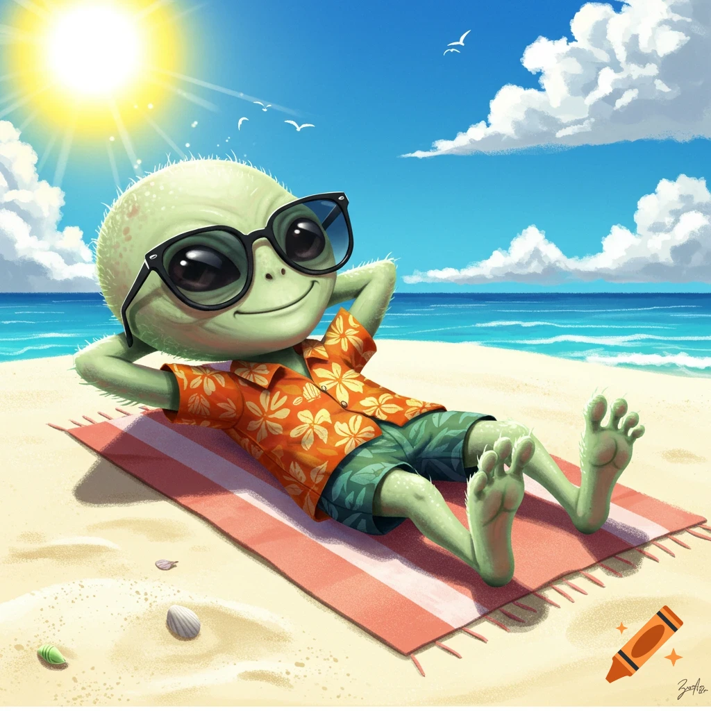 Cartoon alien character wearing sunglasses and a Hawaiian shirt, lying on a towel on a sunny beach.
