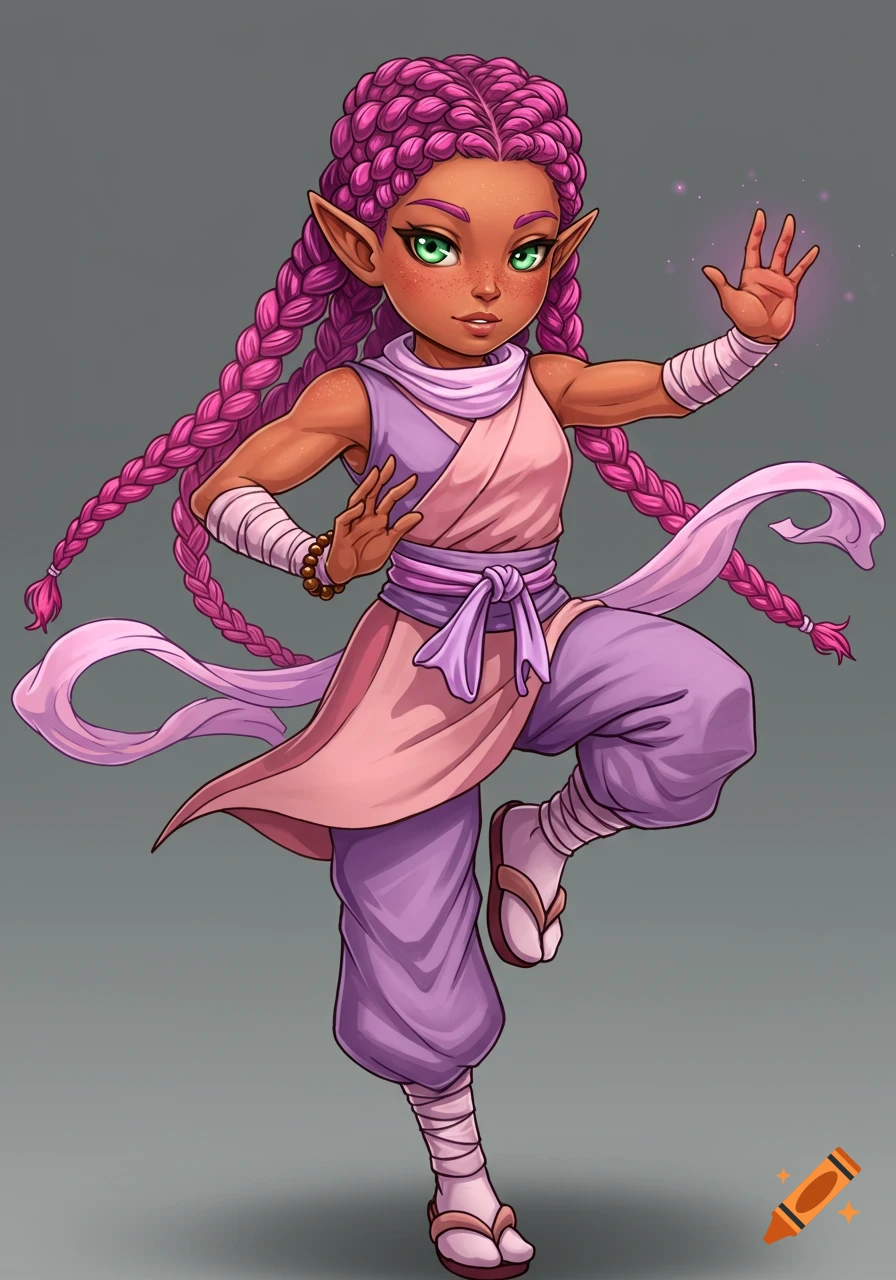 Stylized elf monk character with pink braids in martial arts pose, magic energy around hand.