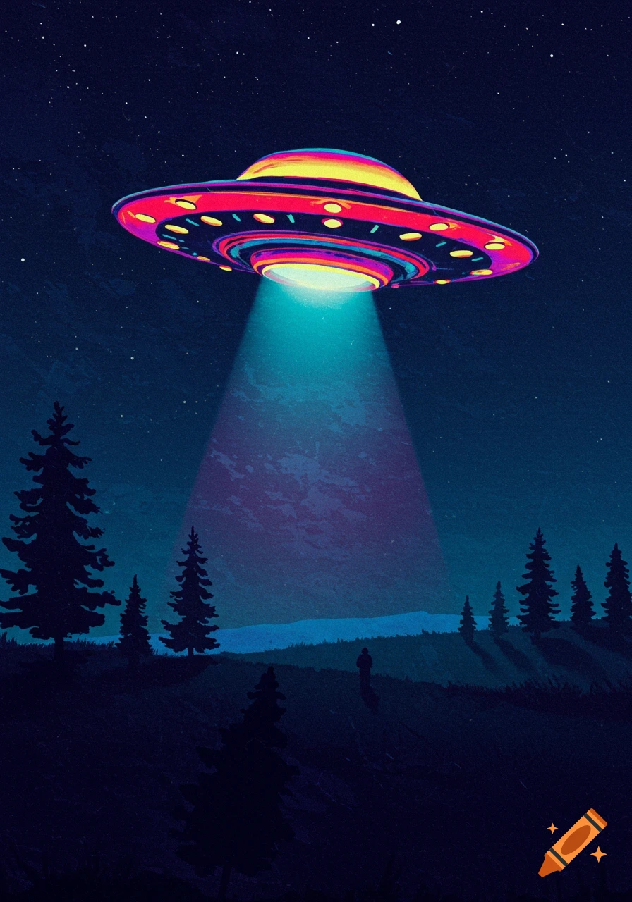 A colorful UFO hovers above a dark forest landscape at night, shining a beam of light onto the ground near a lone figure.
