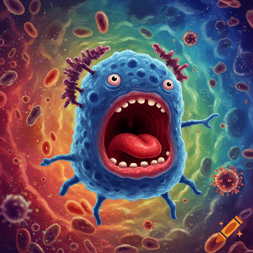 A blue cartoon microbe with a large mouth and tongue, surrounded by red blood cells and viruses.