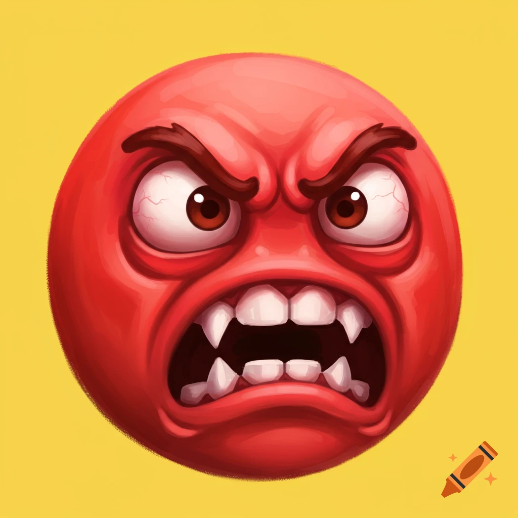 Illustration of an angry red face with bulging eyes and sharp teeth against a yellow background.