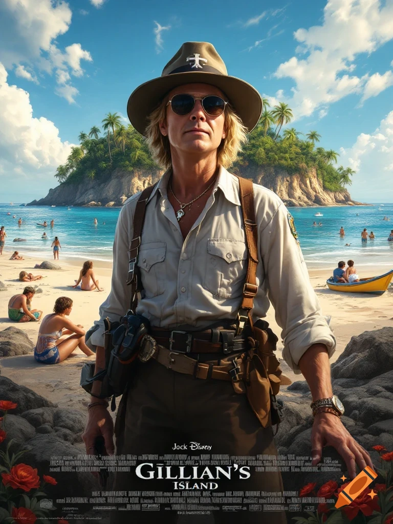 Man in adventurer gear on a tropical beach with text 'Gillian's Island'