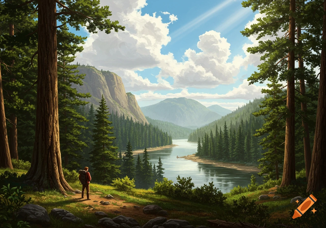 Painting of a hiker overlooking a wide river in a forest valley with mountains under a cloudy sky.