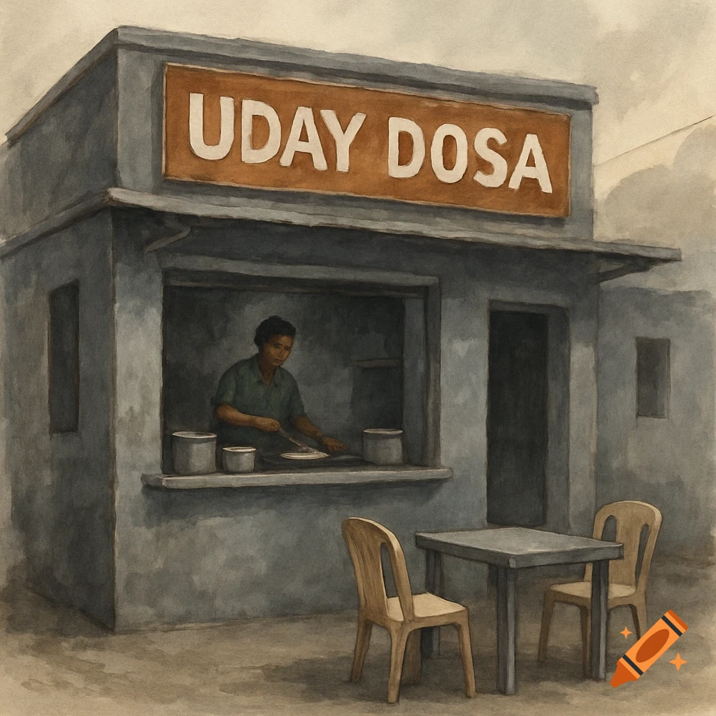 A watercolor painting of a food stall named UDAY DOSA where a person is cooking, with a table and chairs outside.