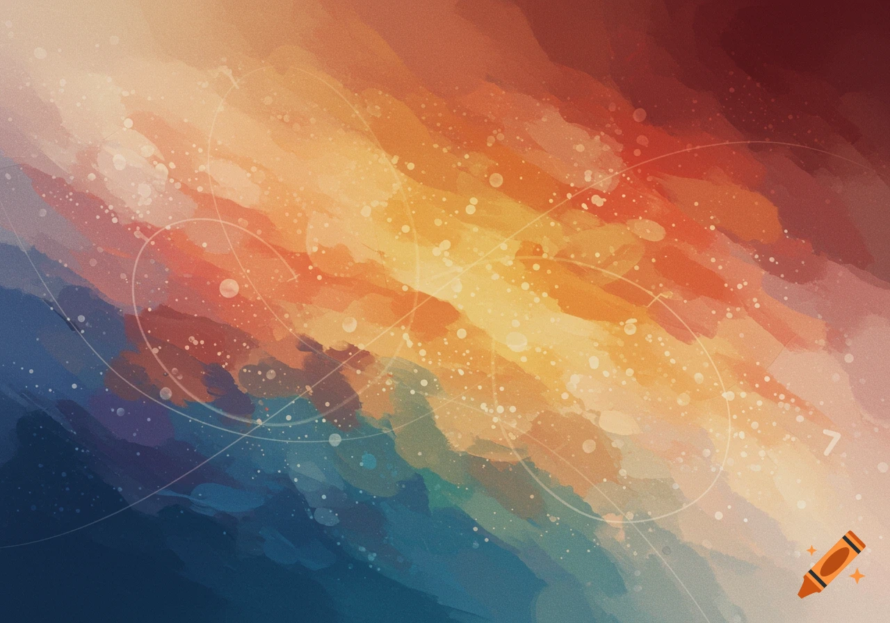Abstract painting with strokes of red, orange, yellow, blue, and white dots and lines
