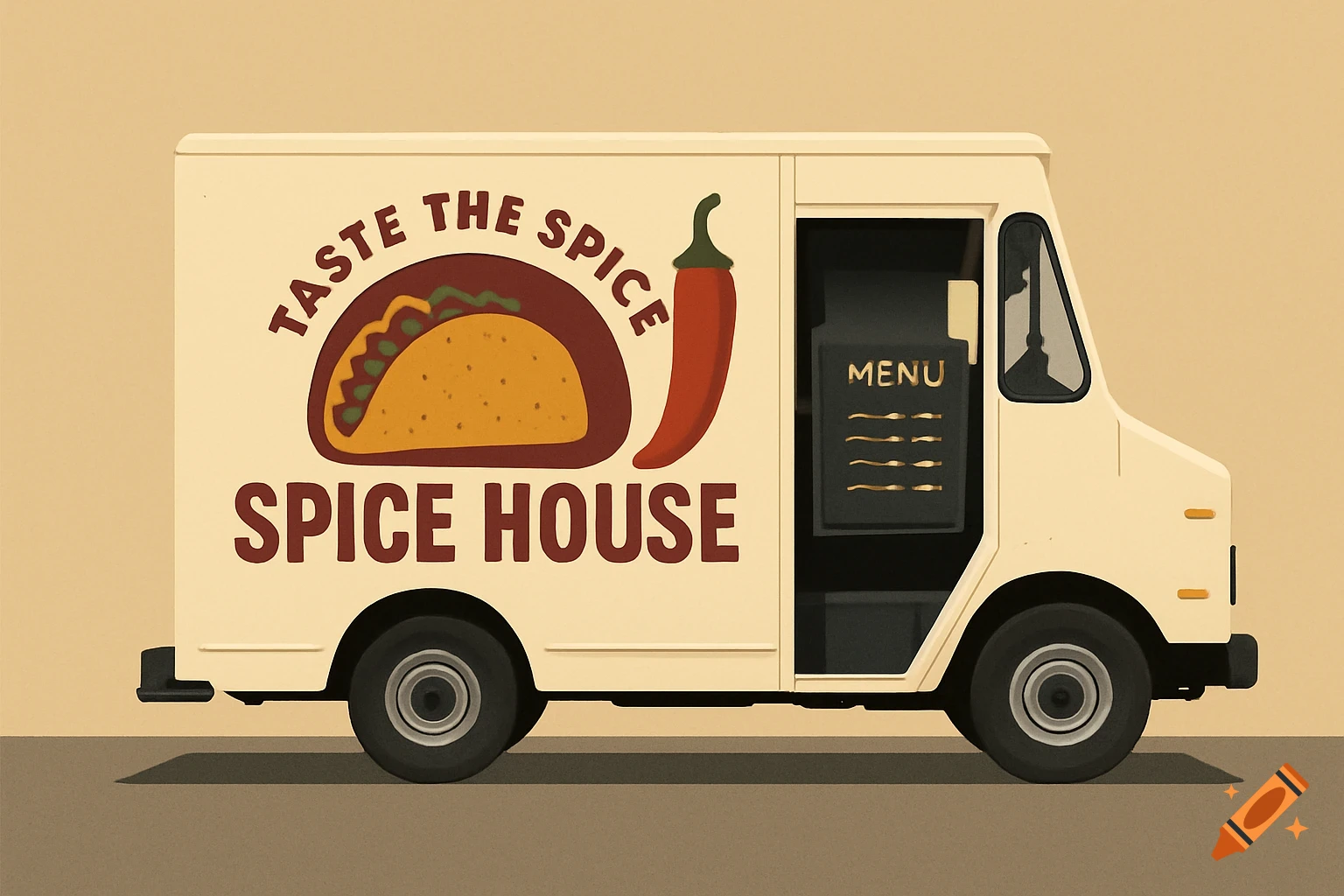 Illustrated cream food truck with taco logo and text "Taste the Spice Spice House" and "MENU".
