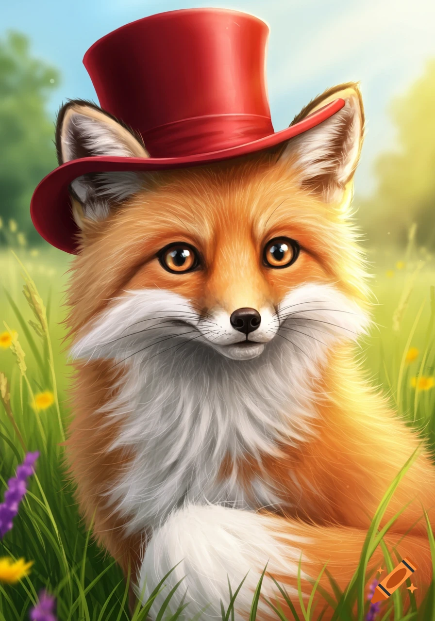 A cute fox wearing a red top hat sits in a field of flowers and grass.