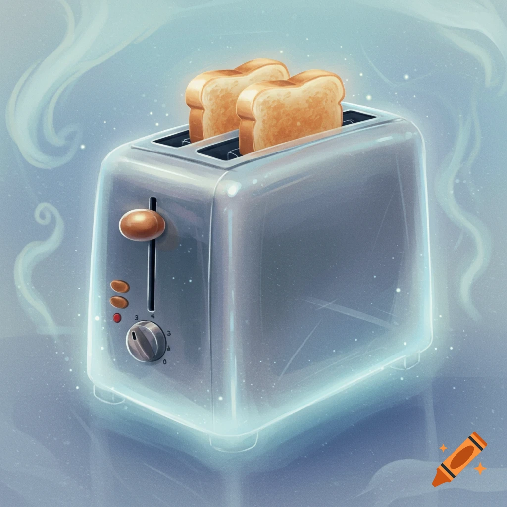 A stylized illustration of a ghostly toaster with two pieces of toast.