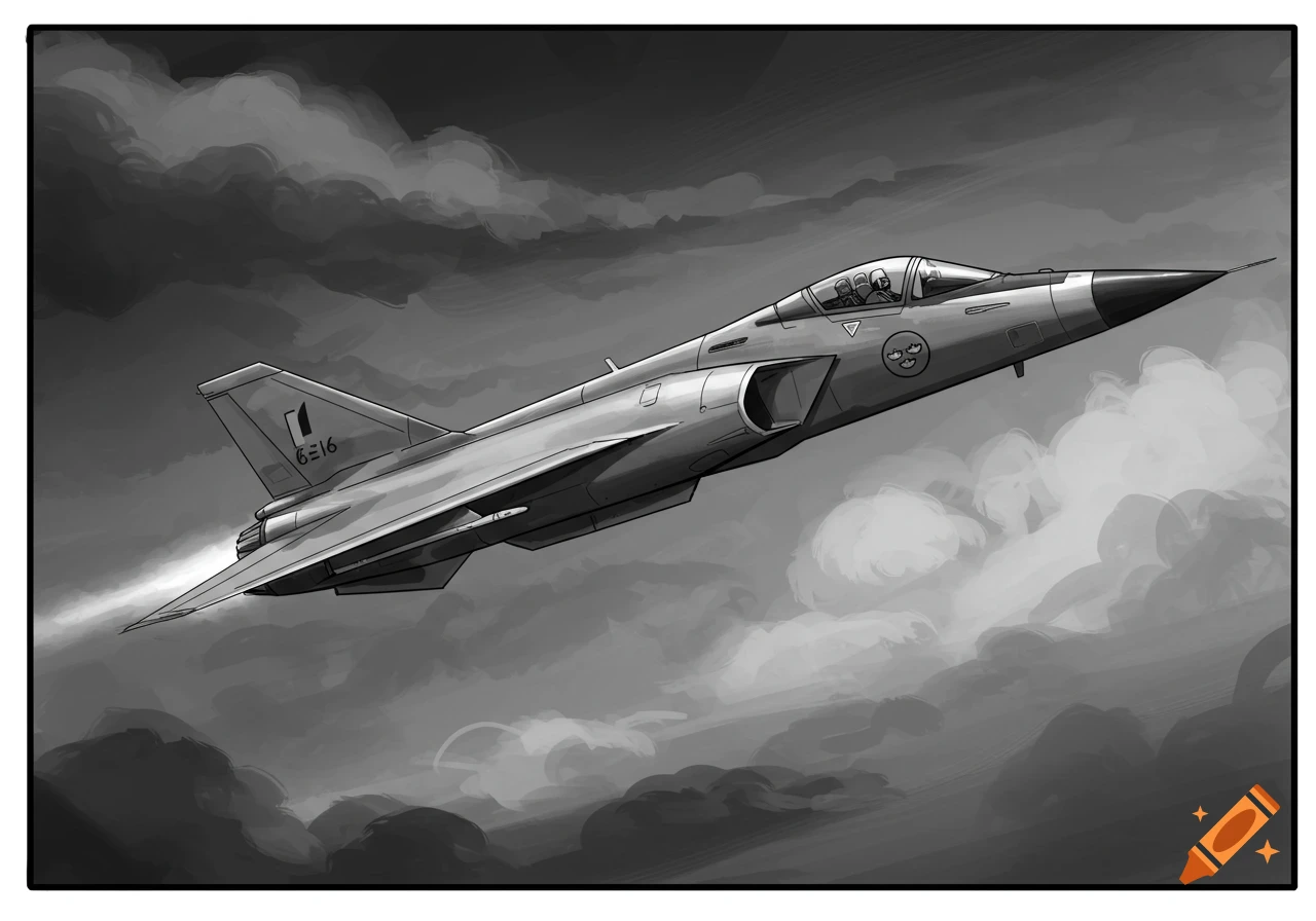 Black and white illustration of a Draken fighter jet flying through stormy clouds.