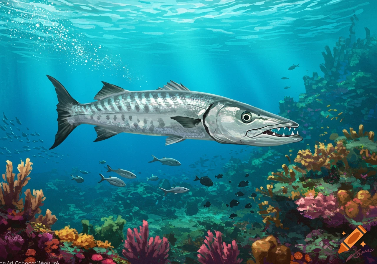 An illustration of a barracuda swimming over a colorful coral reef underwater.
