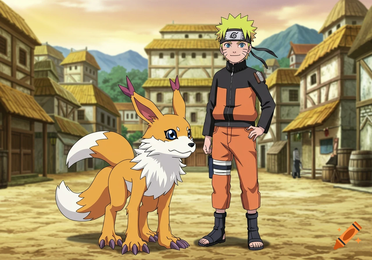 Anime style image of Naruto Uzumaki standing next to a fox-like Digimon creature in a village.