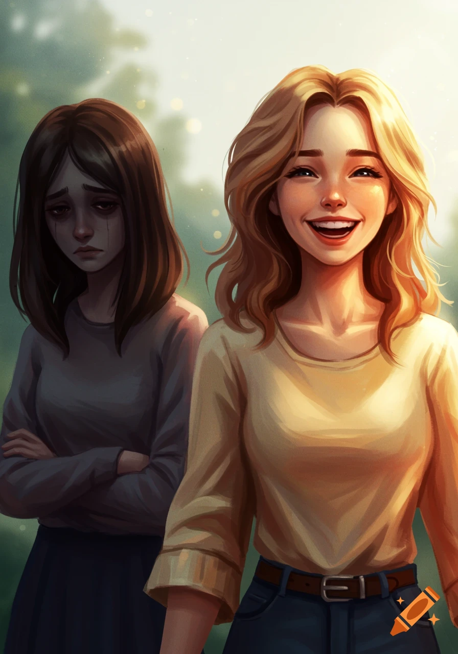 Illustration of a happy woman next to a sad woman.