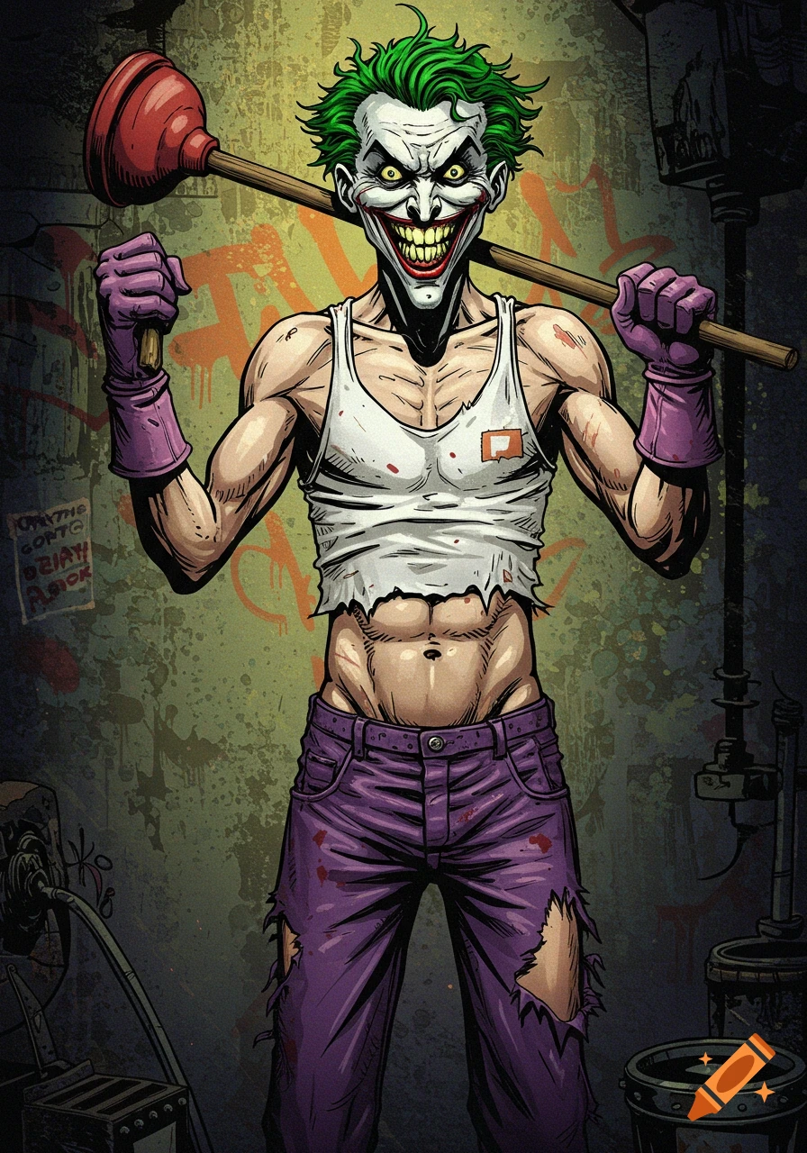 The Joker in a ripped singlet and jeans, holding a plunger over his shoulder, in a comic book style illustration.