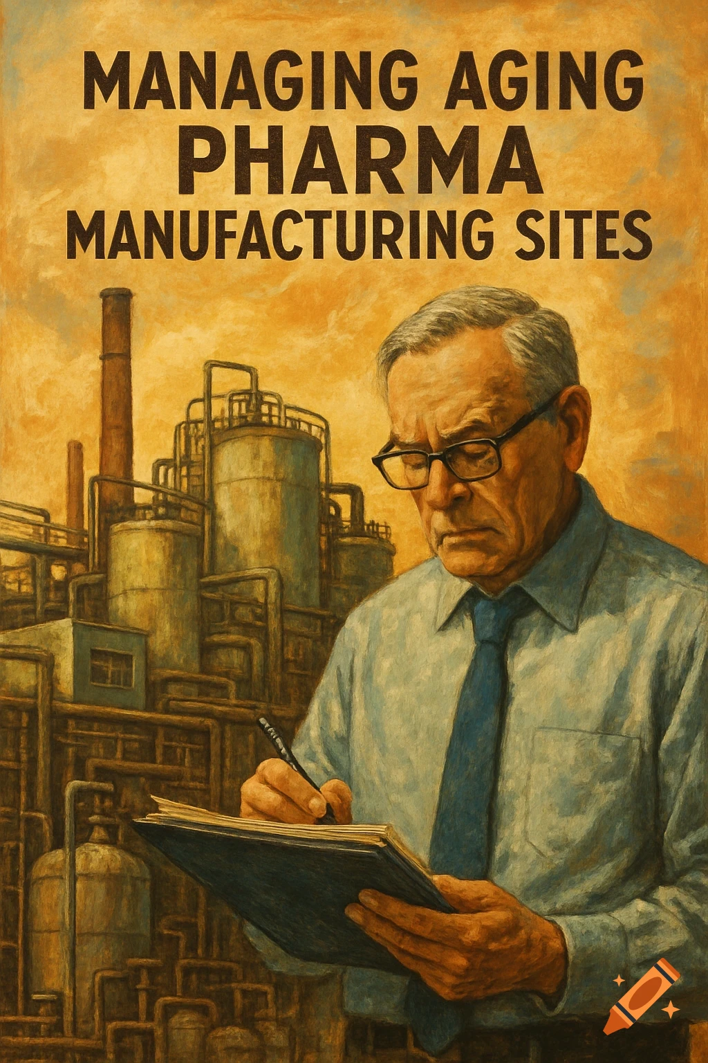 Older man writing in a notebook in front of a manufacturing plant with title text 'Managing aging Pharma manufacturing sites'