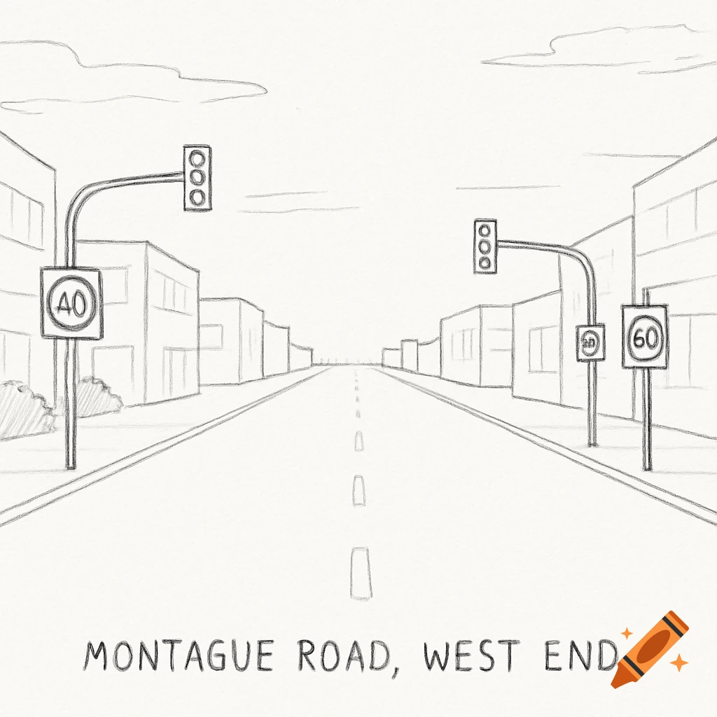 A simple sketch drawing of a city street with buildings, traffic lights, speed limit signs, and the text 'MONTAGUE ROAD, WEST END' at the bottom.