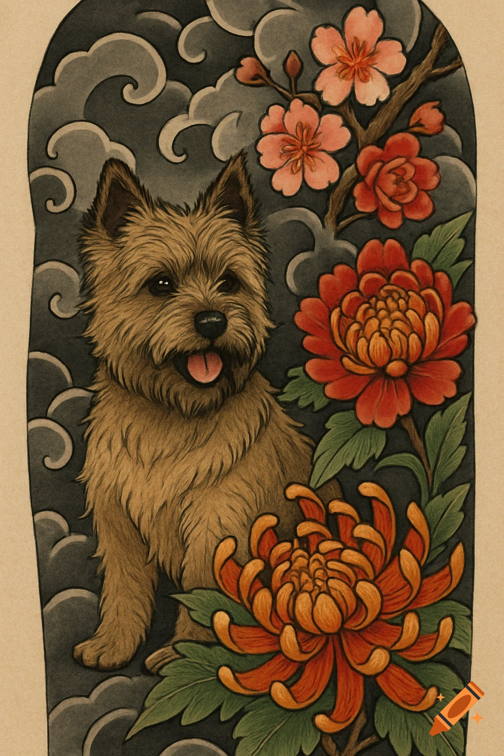 Japanese style illustration of a Cairn Terrier dog with cherry blossoms and chrysanthemum flowers.