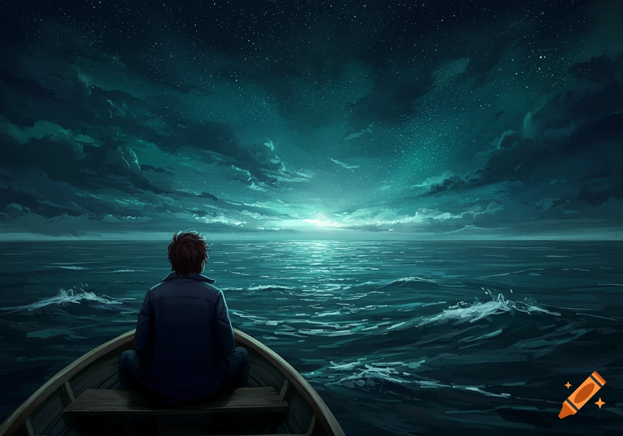 Illustration of a person sitting in a boat on a dark sea, looking at a starry sky and clouds.