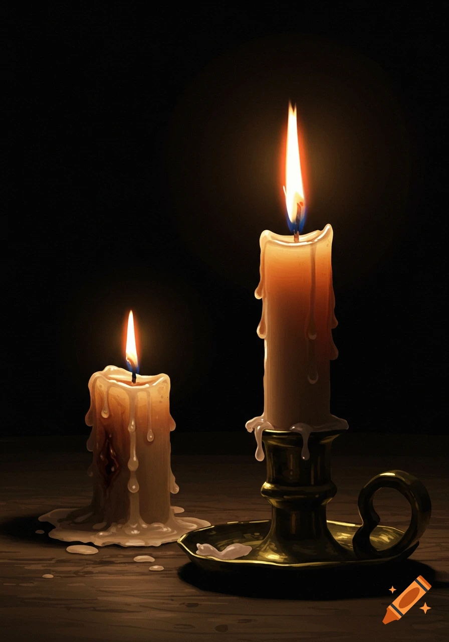 Two burning candles, one in a brass candlestick, on a dark table