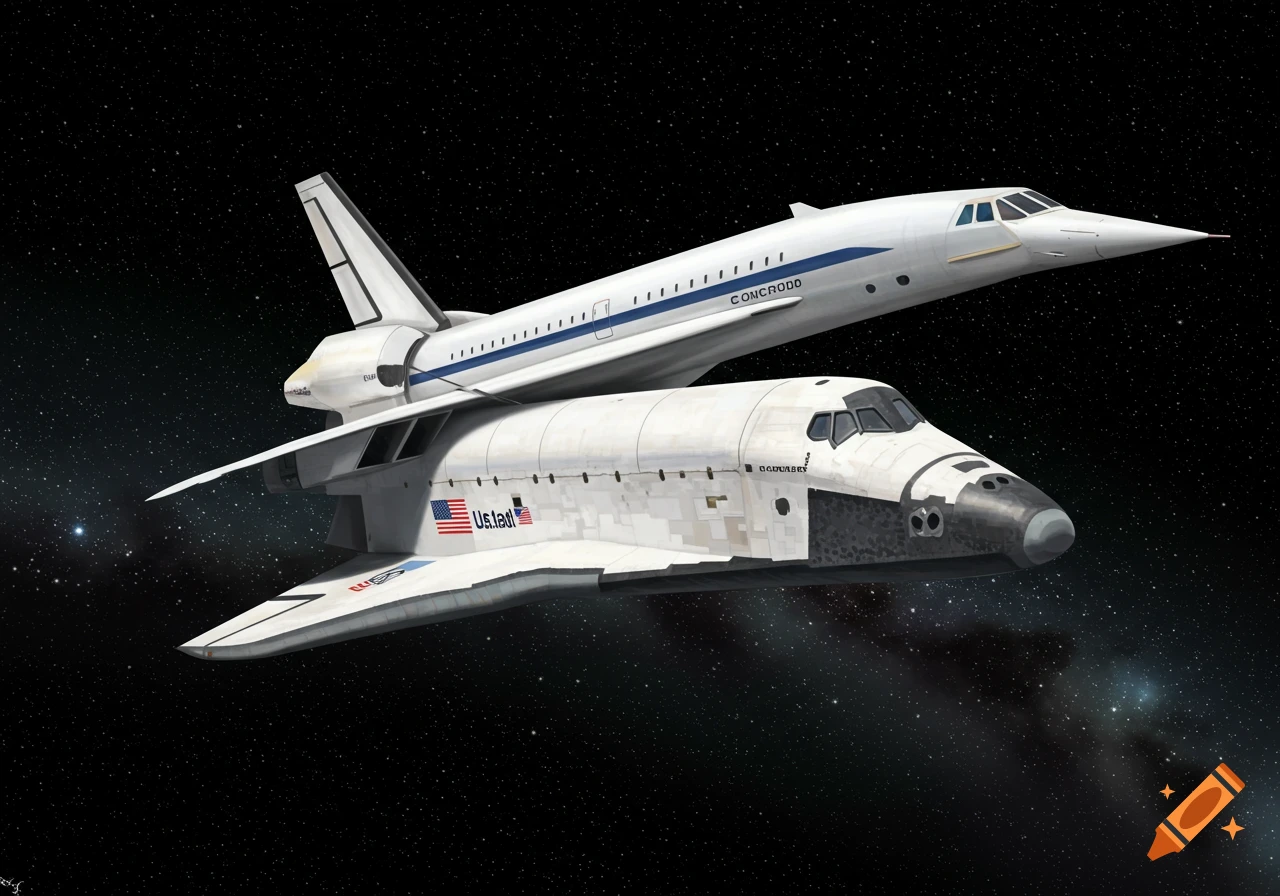 A US Space Shuttle carries a Concorde supersonic jet on its back in space