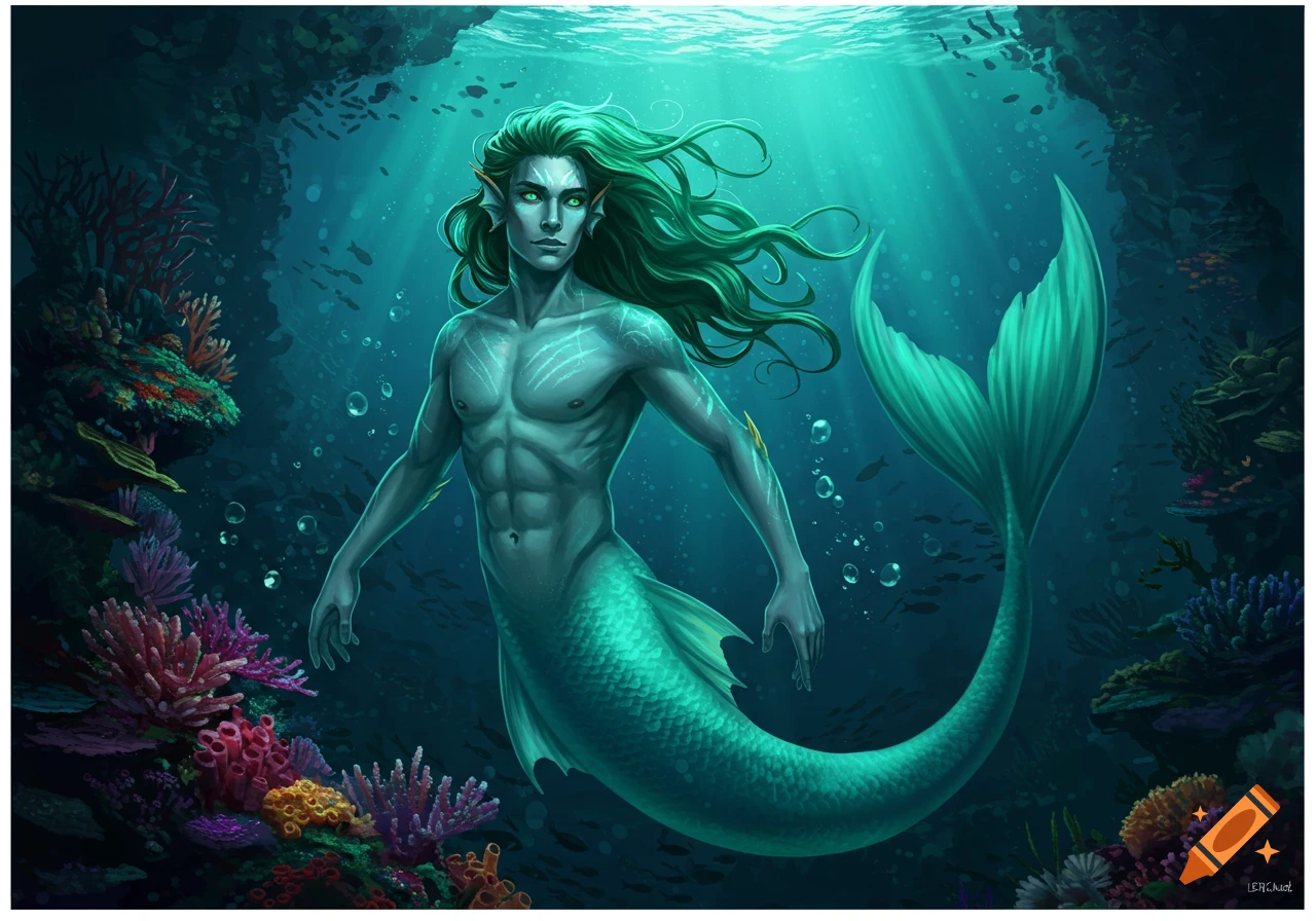A merman with green hair and blue skin swims underwater among coral reefs.