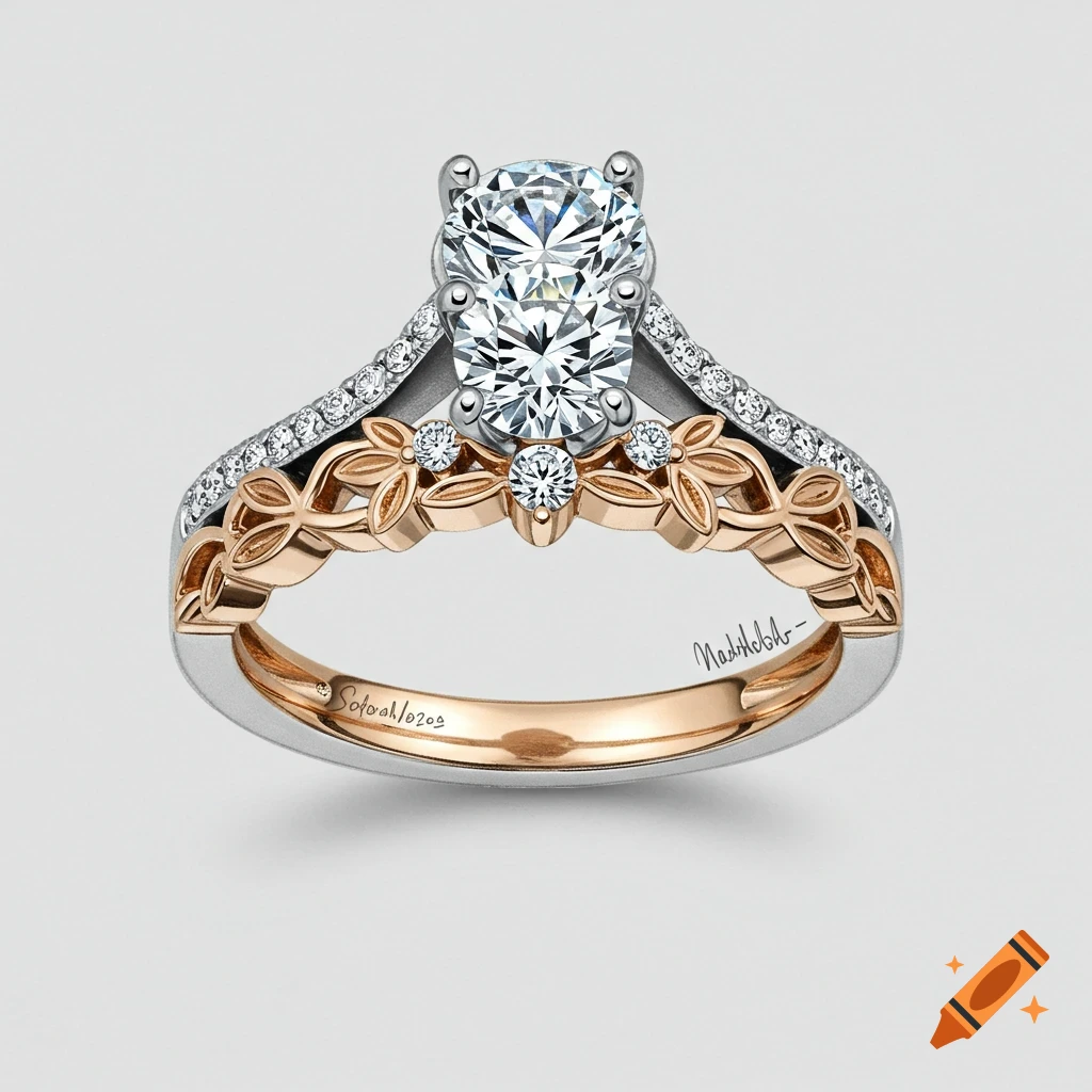 Engagement ring with round diamond, hidden halo, silver and rose gold floral band
