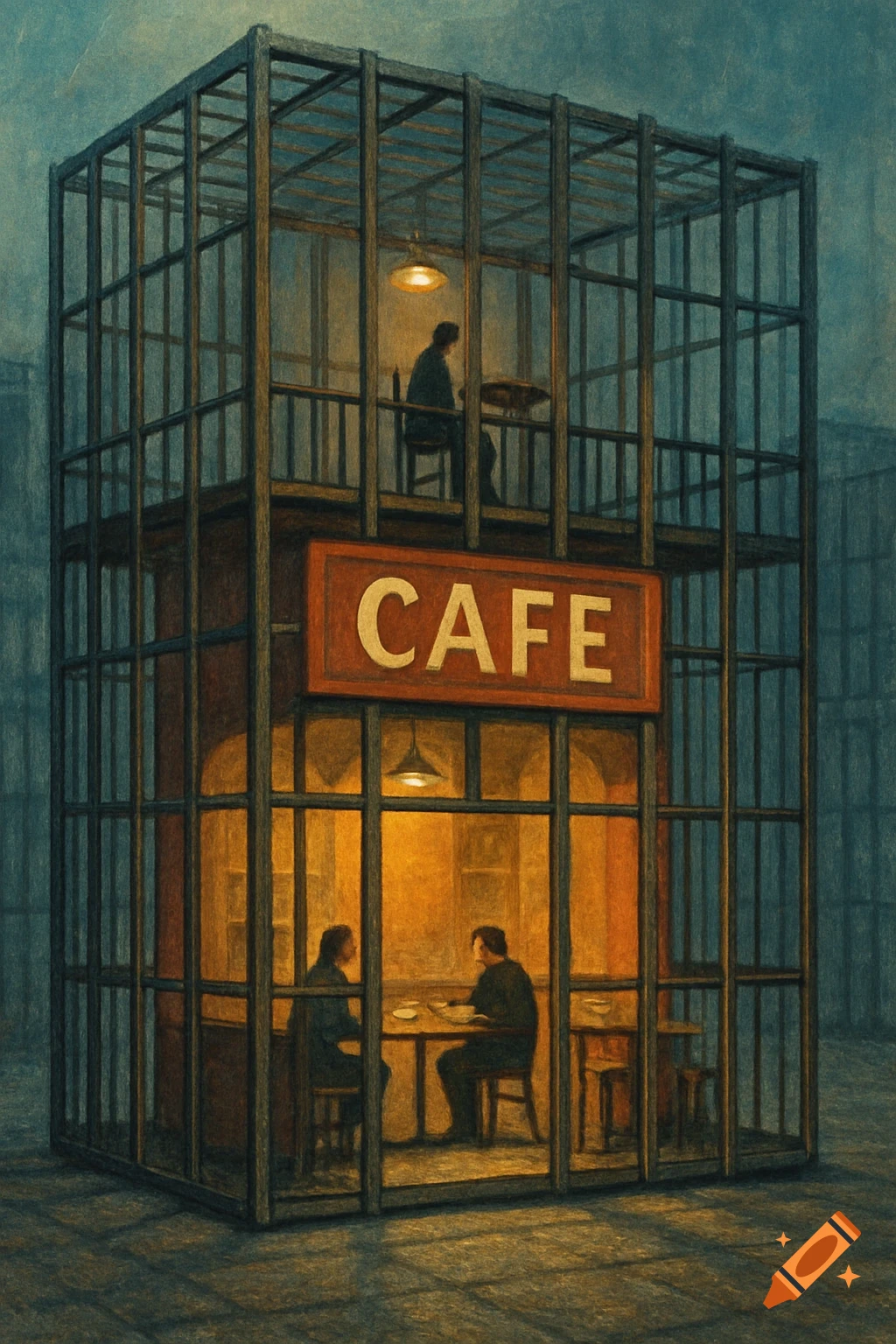 A stylized illustration of a multi-story cafe enclosed in a tall steel cage, with people inside.
