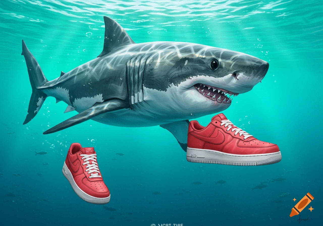 A great white shark swims underwater near two red Nike sneakers.