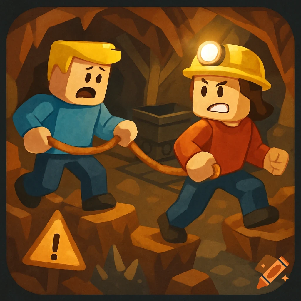 Roblox style game icon: Two blocky miners tied by rope traverse a mine with a warning sign.