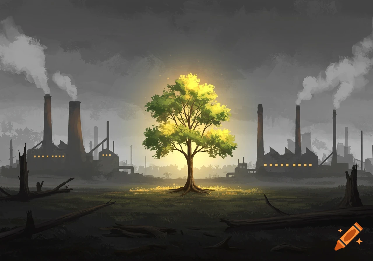 Painting of a glowing green tree surrounded by industrial factories and smoke
