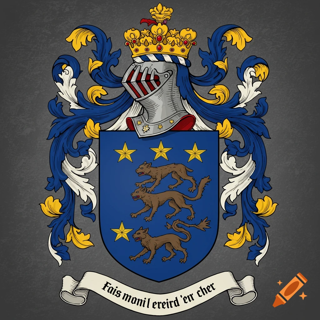 A coat of arms featuring a blue shield with four gold stars and three brown animals, topped with a helmet and crown, surrounded by scrolling foliage, and a banner below.