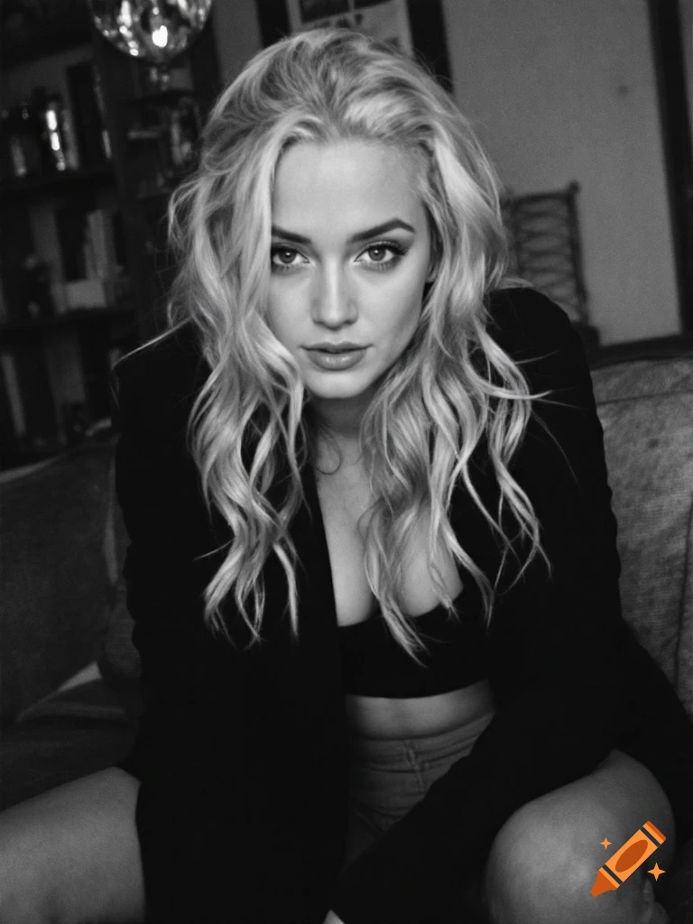Black and white portrait of a woman with long wavy blonde hair wearing a jacket.