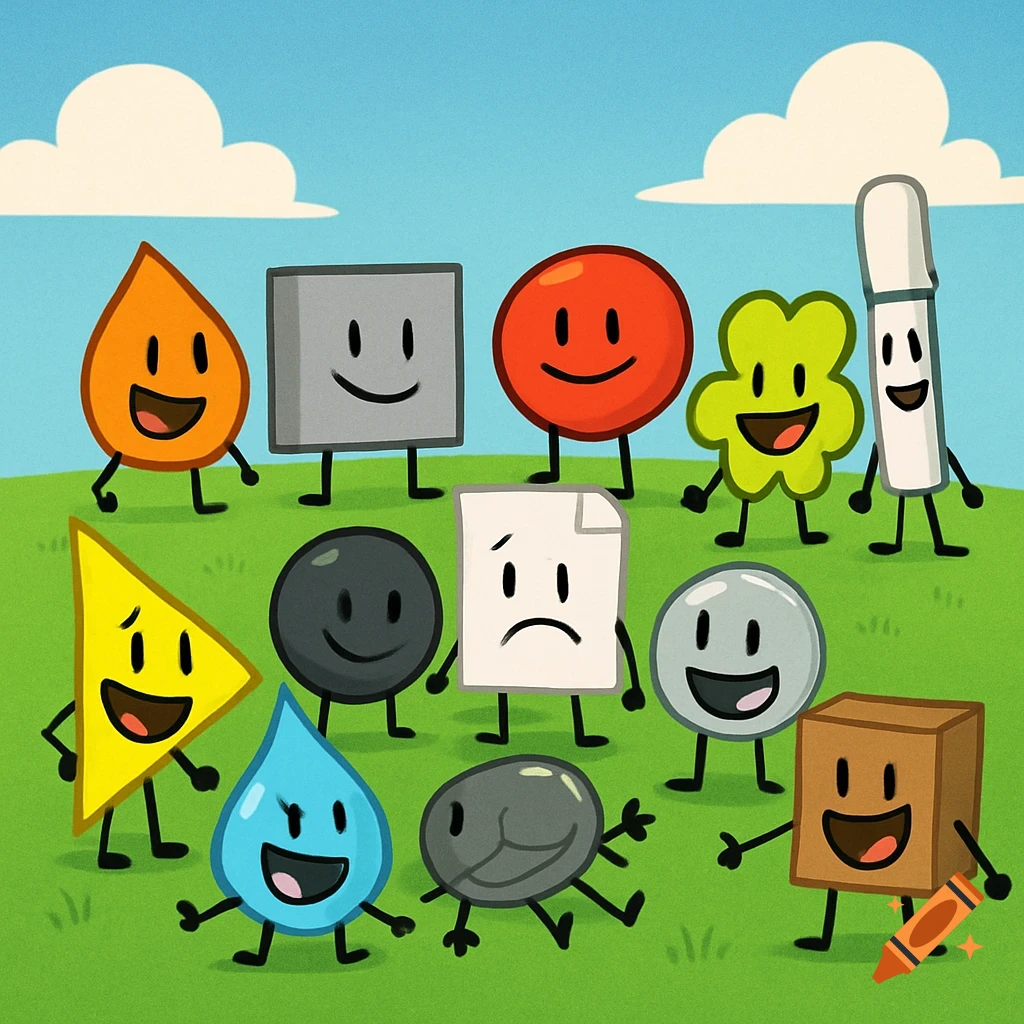 Cartoon objects with faces and limbs in a field under a blue sky