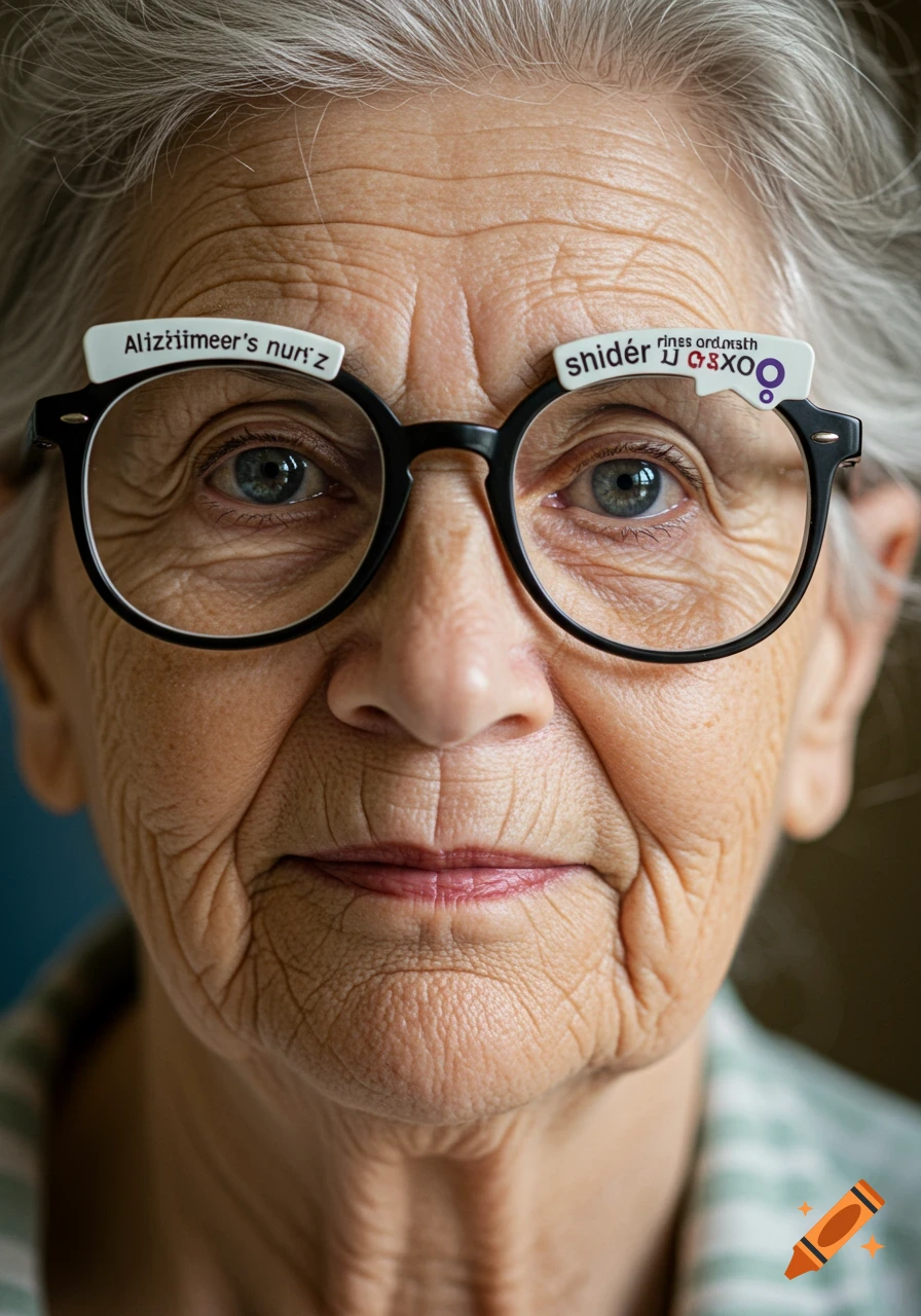 Close-up portrait of an old person wearing glasses with strange, illegible text attached.