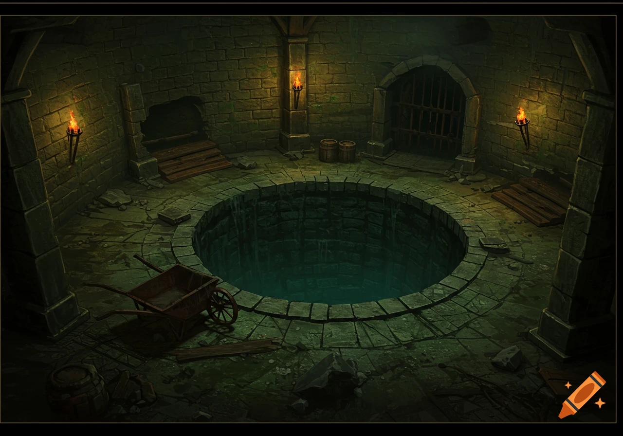 Dark fantasy dungeon chamber with a large pit, abandoned wheelbarrow, and torchlight