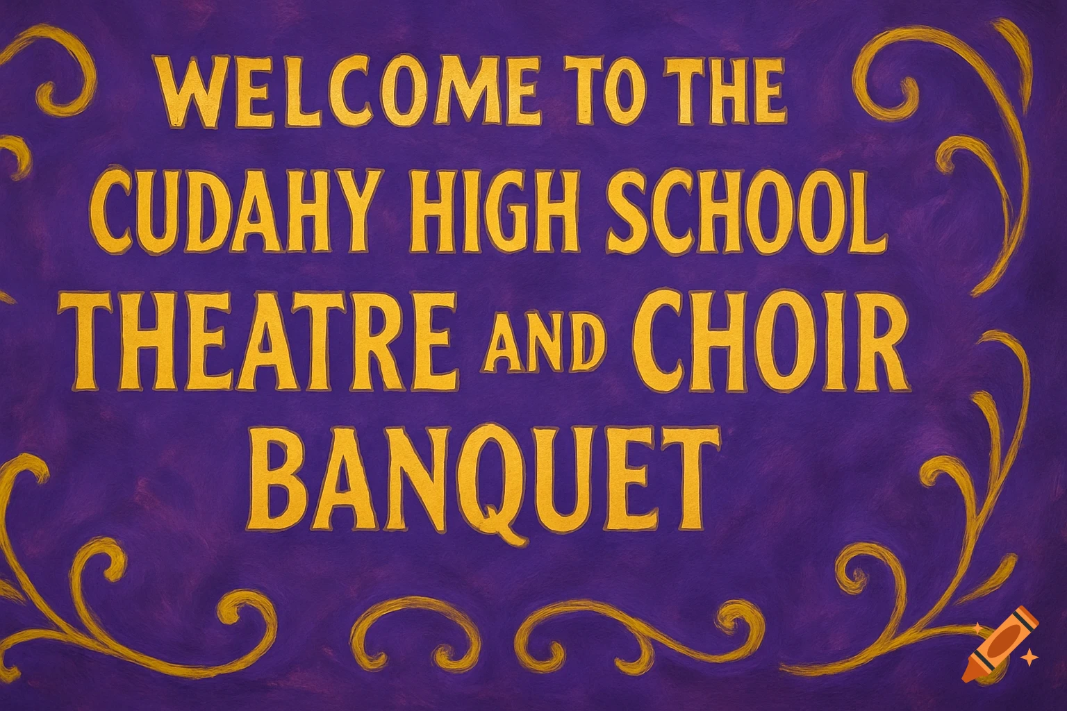 Purple banner with gold text WELCOME TO THE CUDAHY HIGH SCHOOL THEATRE AND CHOIR BANQUET and decorative swirls.