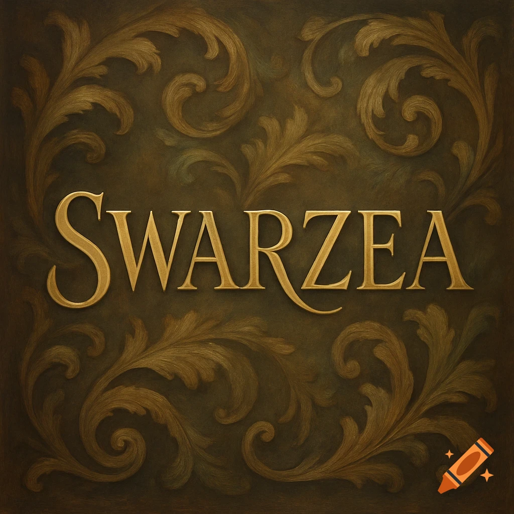 Golden letters spelling "SWARZEA" surrounded by ornate golden scrollwork on a dark brown background.