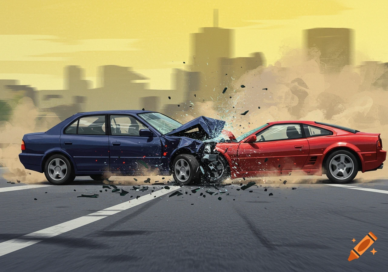 Digital illustration of a head-on collision between a blue sedan and a red sports car